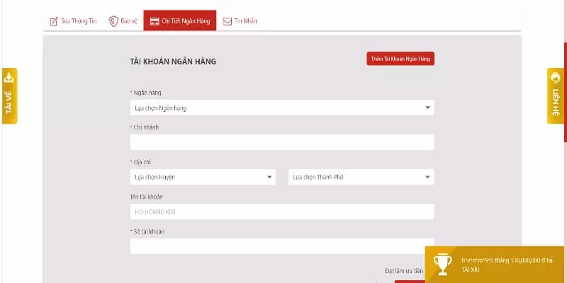 rút tiền NN88 Thực hiện nhập thông tin tài khoản ngân hàng